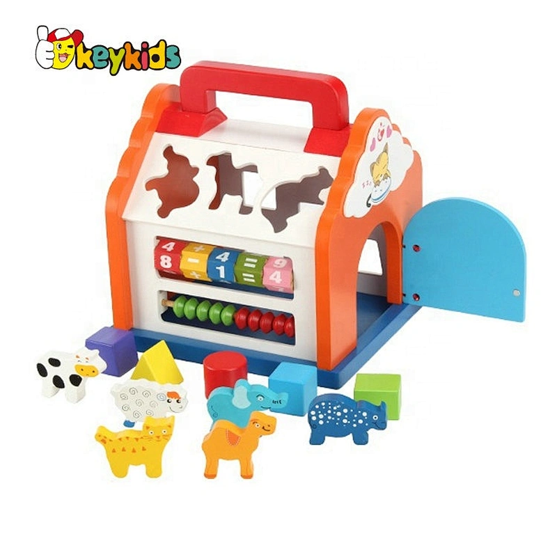 Wooden House Shape Sorting Block Toy Set - Animal & Geometric Matching Puzzle with Carry Handle for Kids W12D763