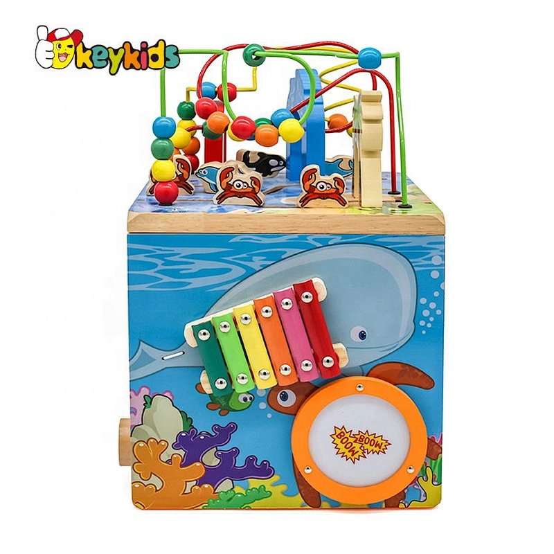 wholesale educational wooden activity cube toy, Multi-functional String Beads toy for kids W12D033