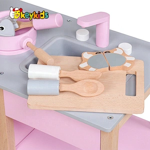 New design pink wooden girls kitchen play set for pretend play W10C457C