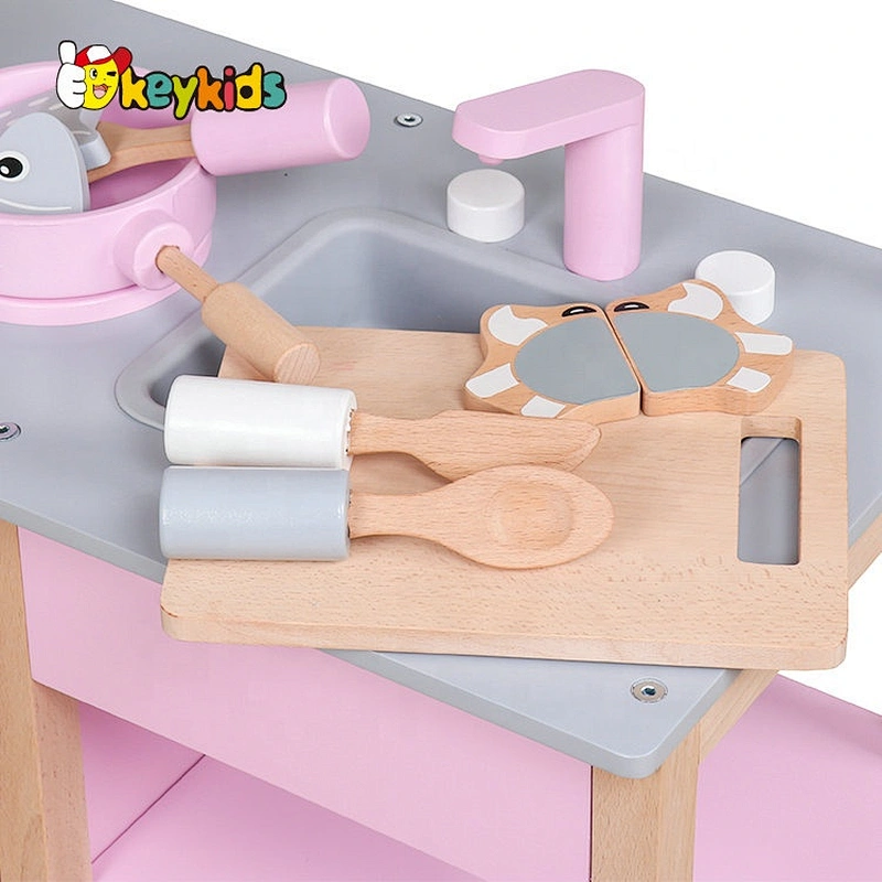 New design pink wooden girls kitchen play set for pretend play W10C457C