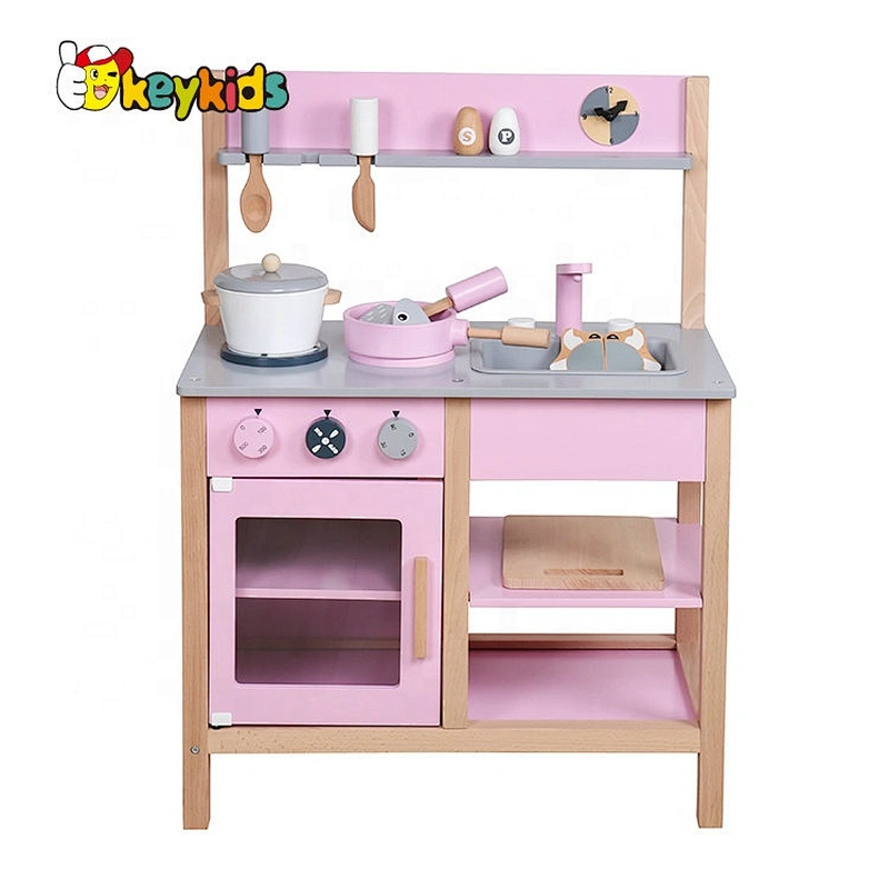 New design pink wooden girls kitchen play set for pretend play W10C457C