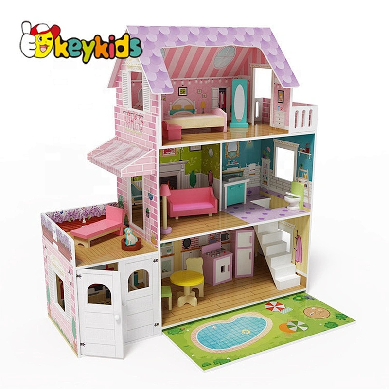 New released led wooden large dolls house with garage, garden and pool W06A381