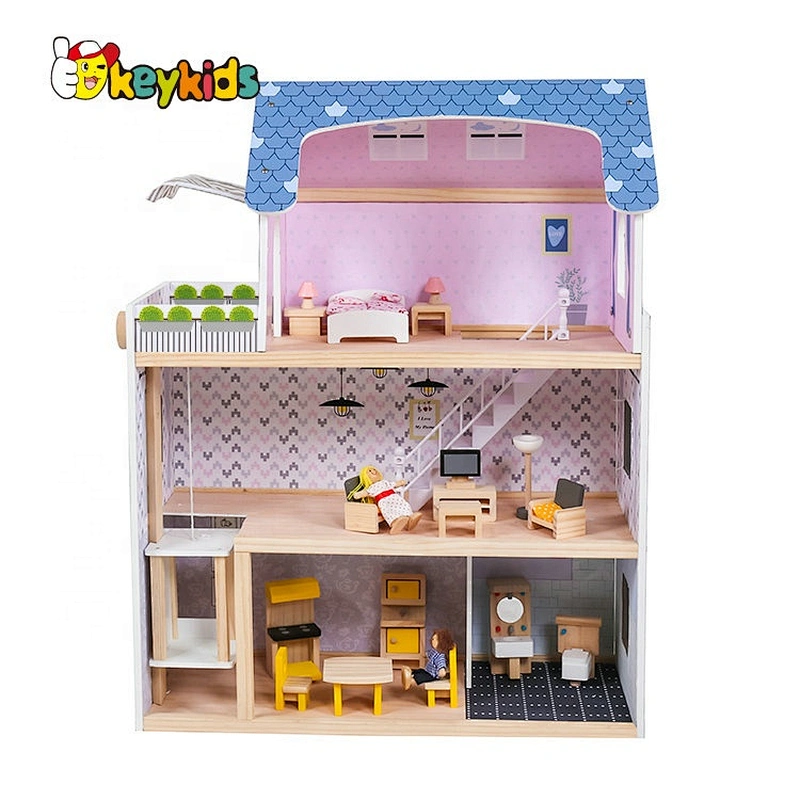 Top sale children miniature wooden dollhouse with sounds W06A365
