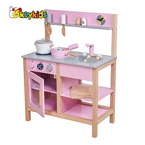 New design pink wooden girls kitchen play set for pretend play W10C457C