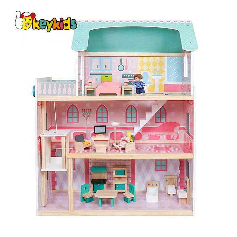 Most popular 3 floors girls wooden dollhouse toy with elevator W06A372