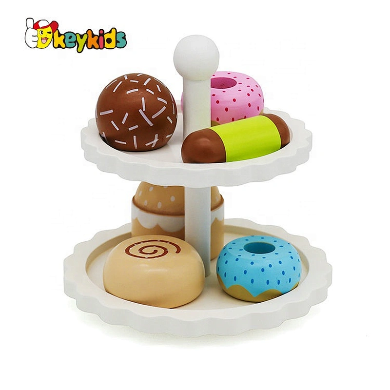 Most popular kids pretend play wooden cake stand toy with 6 cakes W10B250