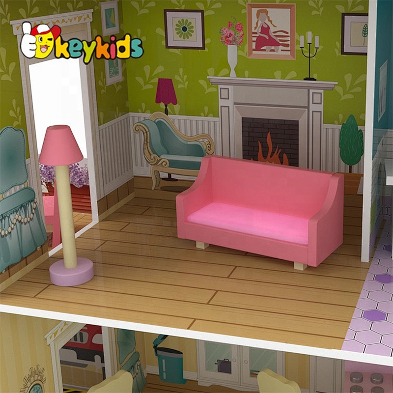 New released led wooden large dolls house with garage, garden and pool W06A381