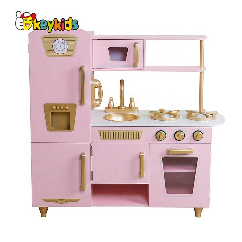 New released pink wooden play kitchen set with freezer W10C571