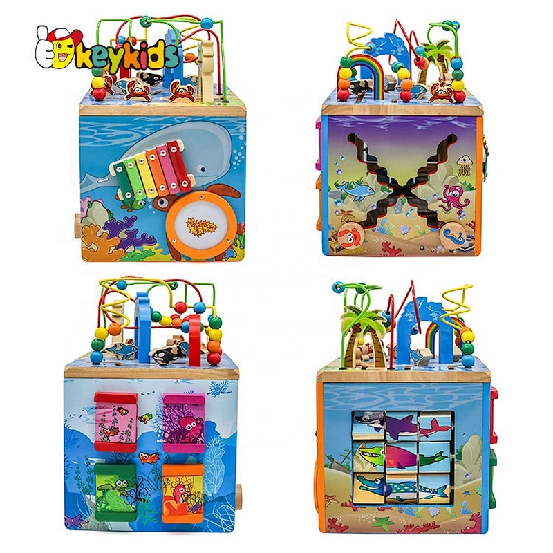 wholesale educational wooden activity cube toy, Multi-functional String Beads toy for kids W12D033