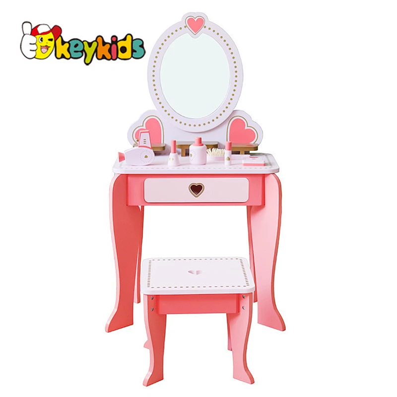 Pretend Play Pink Wooden Dressing Table With Mirror And Stool W08H102