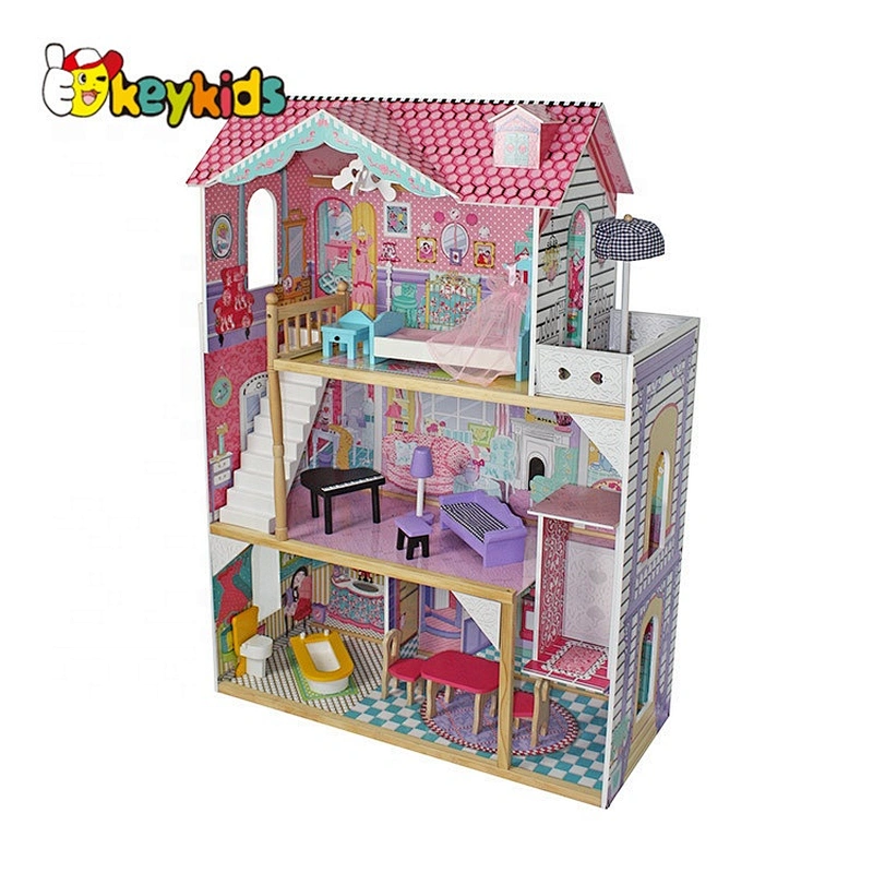 wholesale girls pretend play big wooden dollhouse toy with furniture W06A220