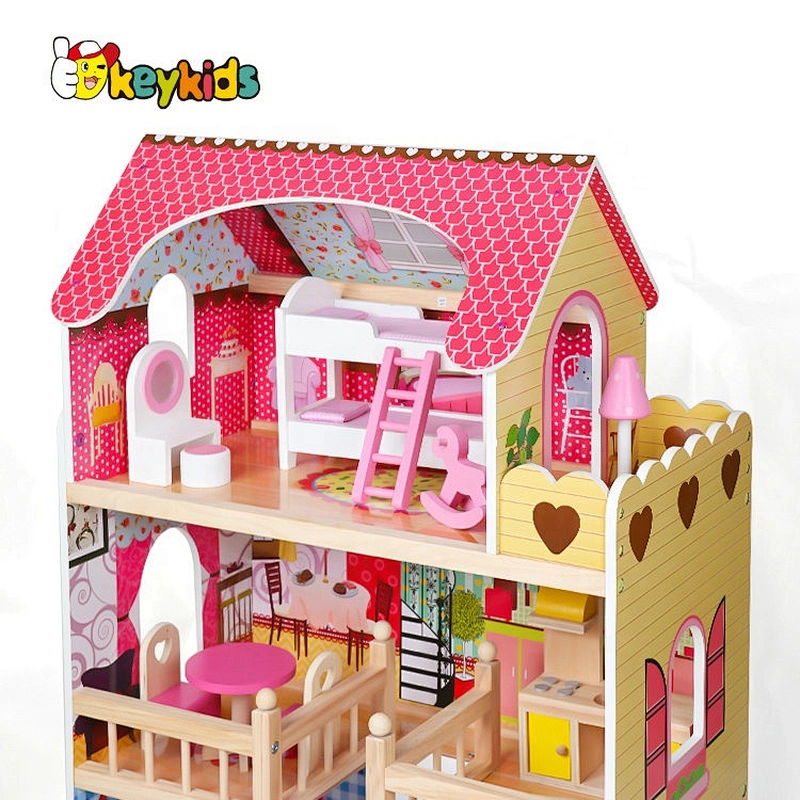 New design girls wooden pink dollhouse with furniture W06A163C