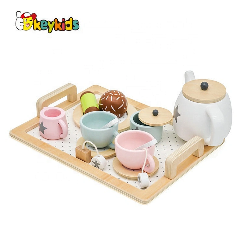 Most popular children afternoon wooden toy tea cup set with tray W10B318