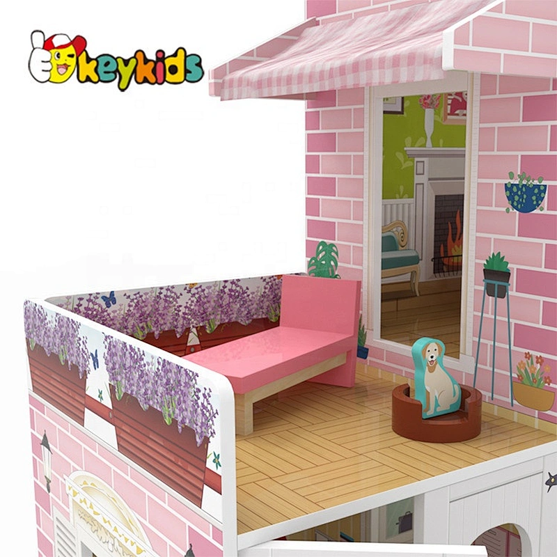 New released led wooden large dolls house with garage, garden and pool W06A381