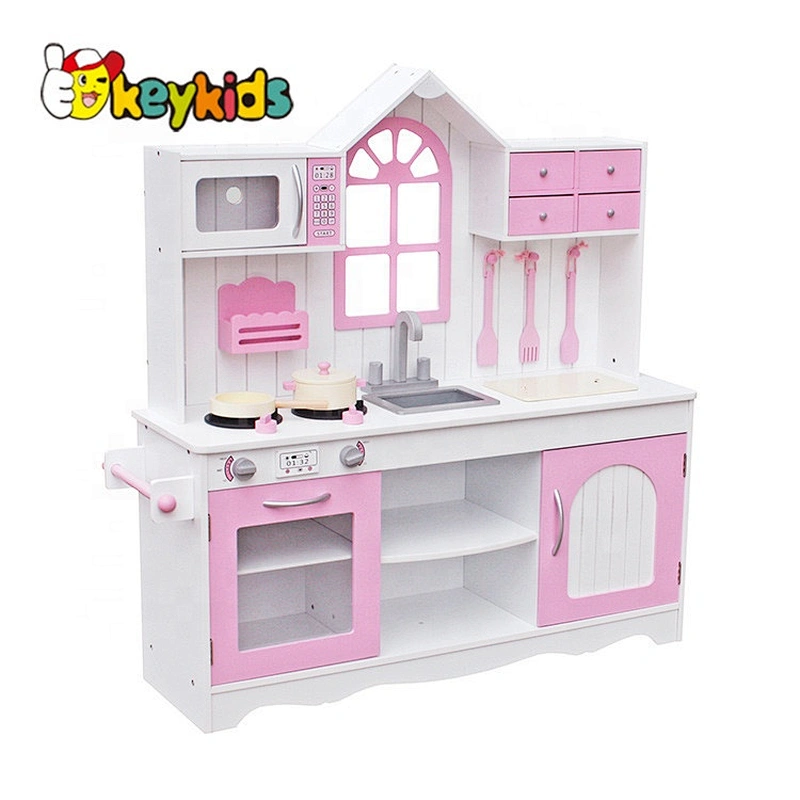 New hottest big house shaped pink wooden kids kitchen set toy for pretend play W10C336