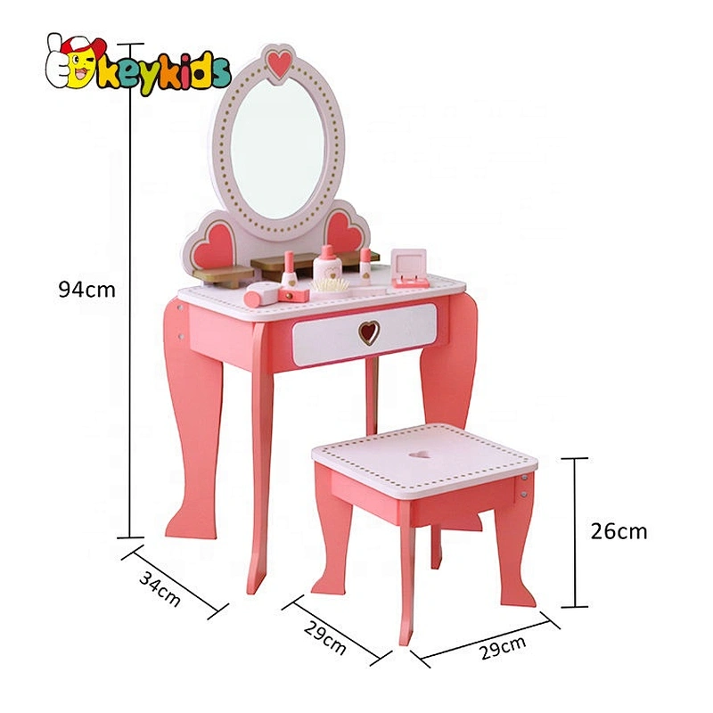 Pretend Play Pink Wooden Dressing Table With Mirror And Stool W08H102