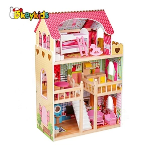 New design girls wooden pink dollhouse with furniture W06A163C
