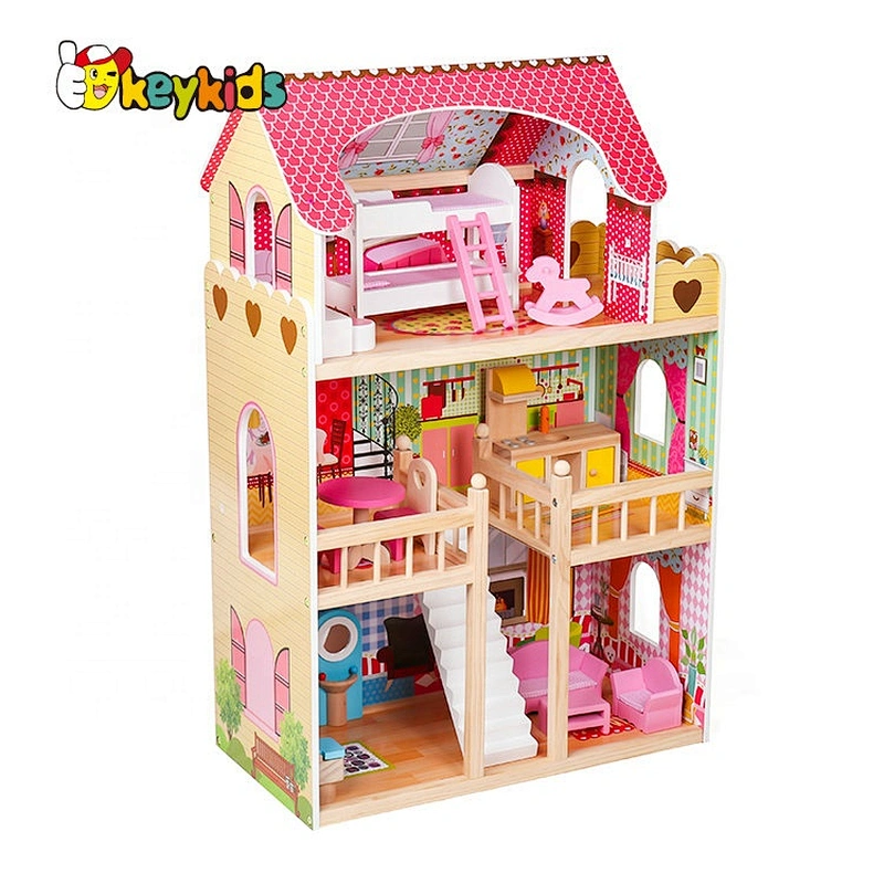 New design girls wooden pink dollhouse with furniture W06A163C