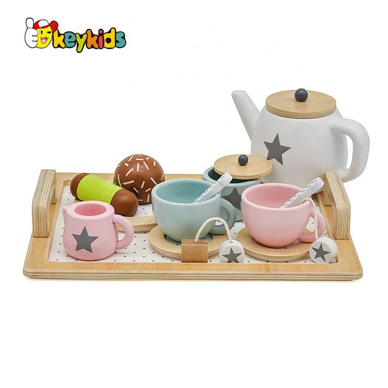 Most popular children afternoon wooden toy tea cup set with tray W10B318