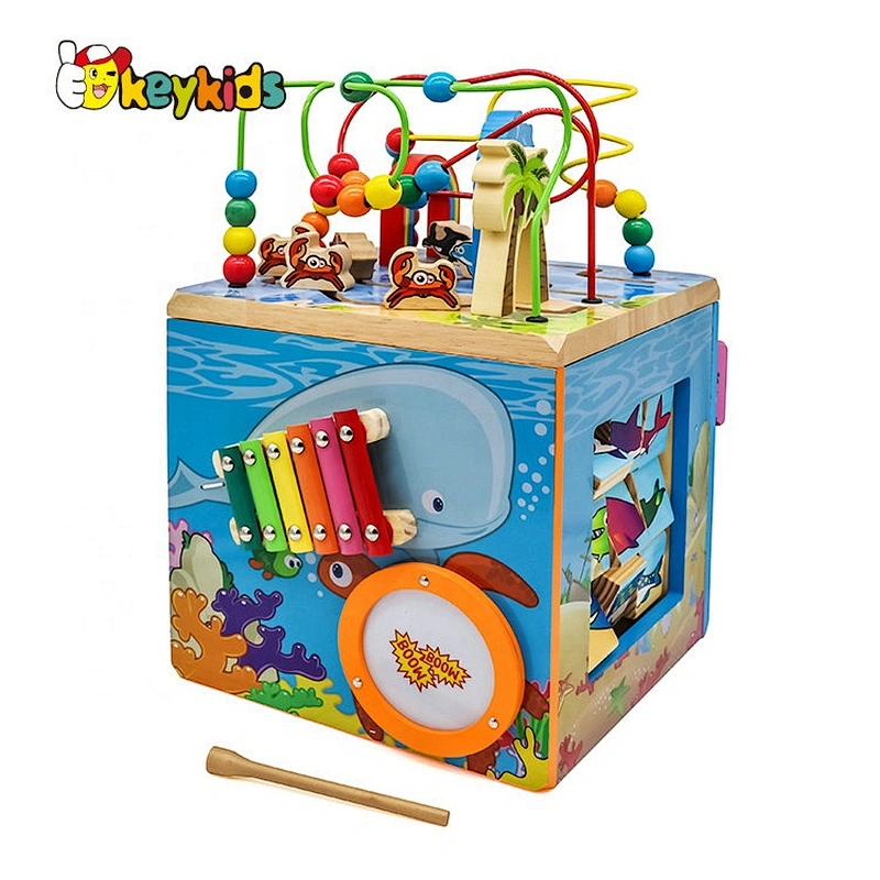wholesale educational wooden activity cube toy, Multi-functional String Beads toy for kids W12D033