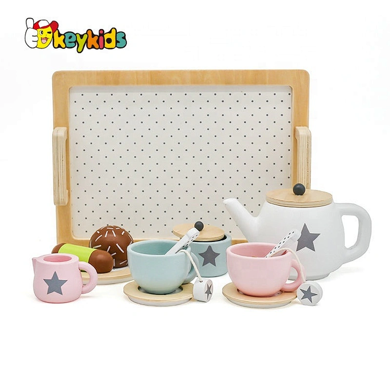Most popular children afternoon wooden toy tea cup set with tray W10B318