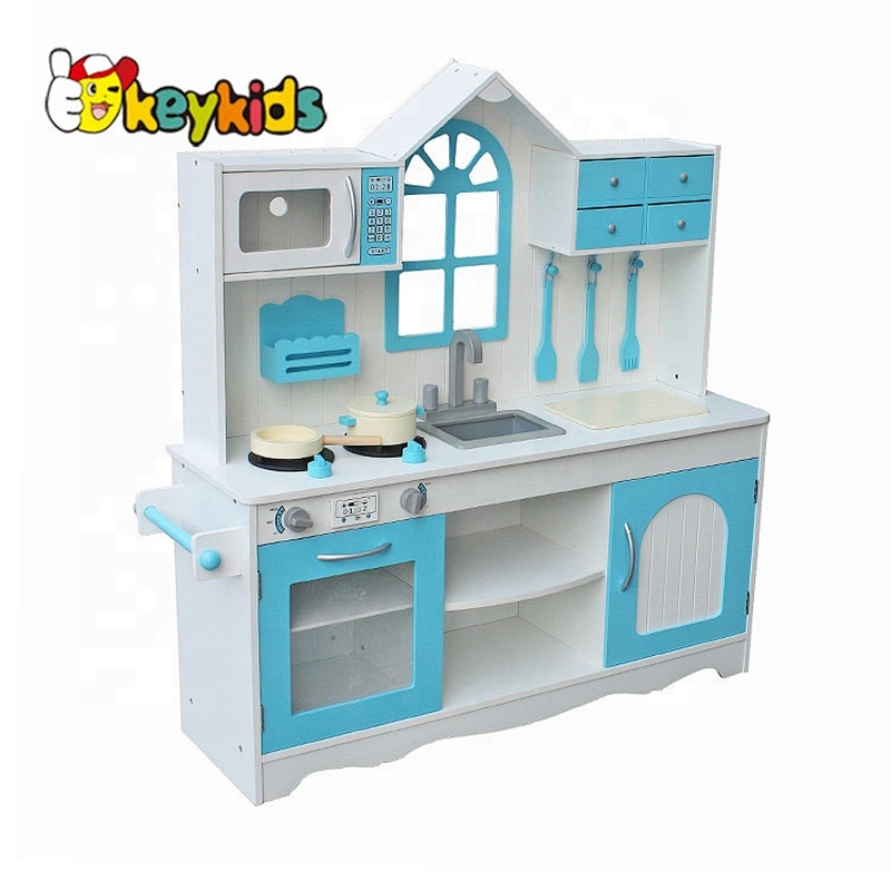 New hottest house shaped pretend blue wooden kitchen toy play set for kids W10C346