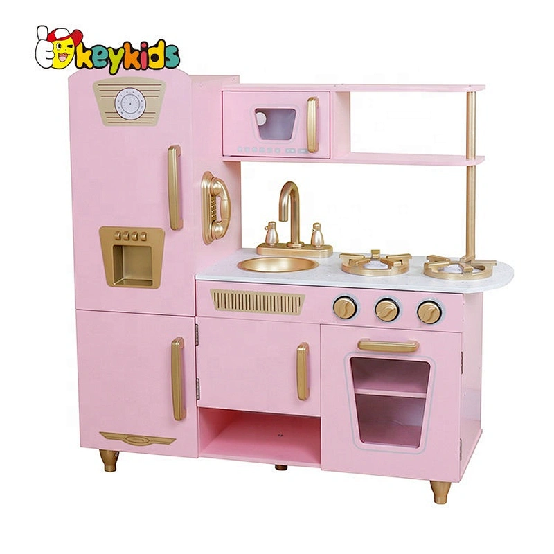 New released pink wooden play kitchen set with freezer W10C571