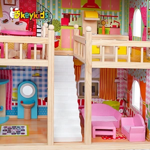 New design girls wooden pink dollhouse with furniture W06A163C