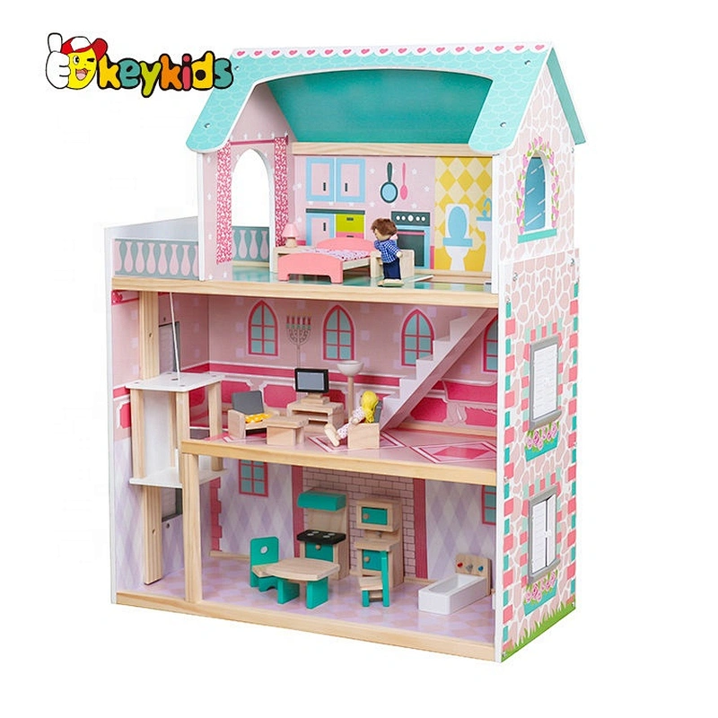Most popular 3 floors girls wooden dollhouse toy with elevator W06A372