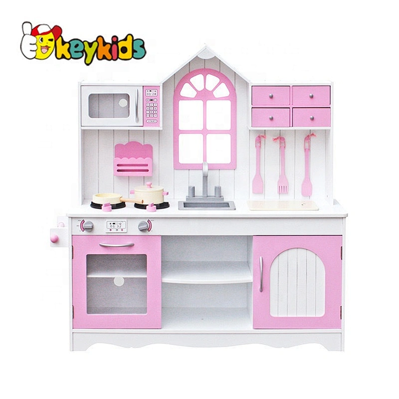 New hottest big house shaped pink wooden kids kitchen set toy for pretend play W10C336