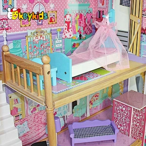 wholesale girls pretend play big wooden dollhouse toy with furniture W06A220