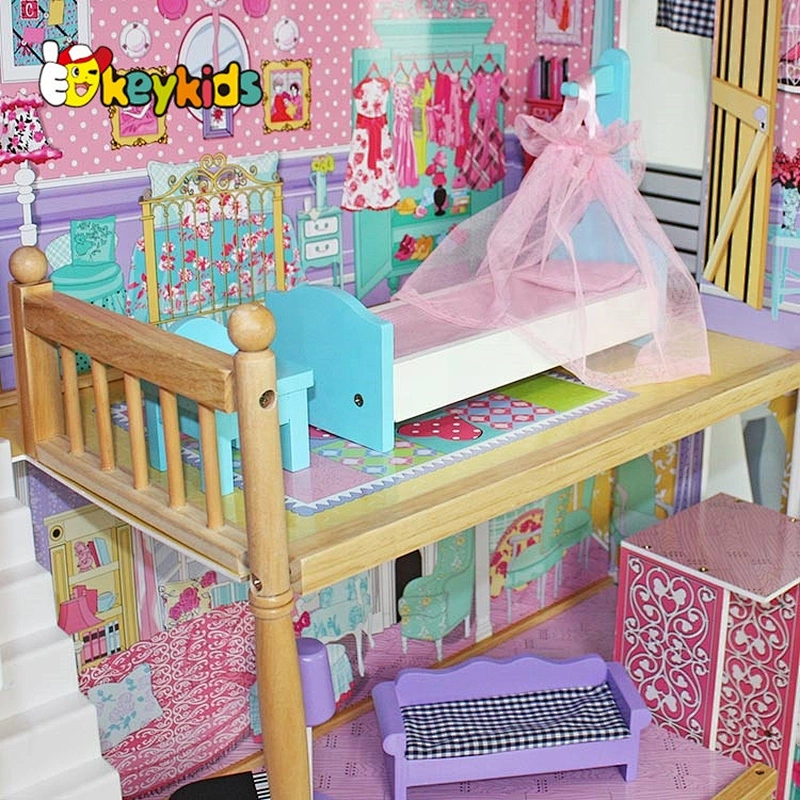 wholesale girls pretend play big wooden dollhouse toy with furniture W06A220