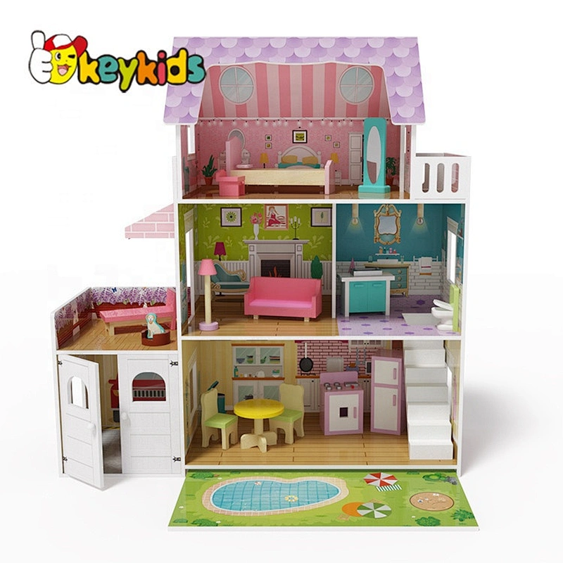 New released led wooden large dolls house with garage, garden and pool W06A381
