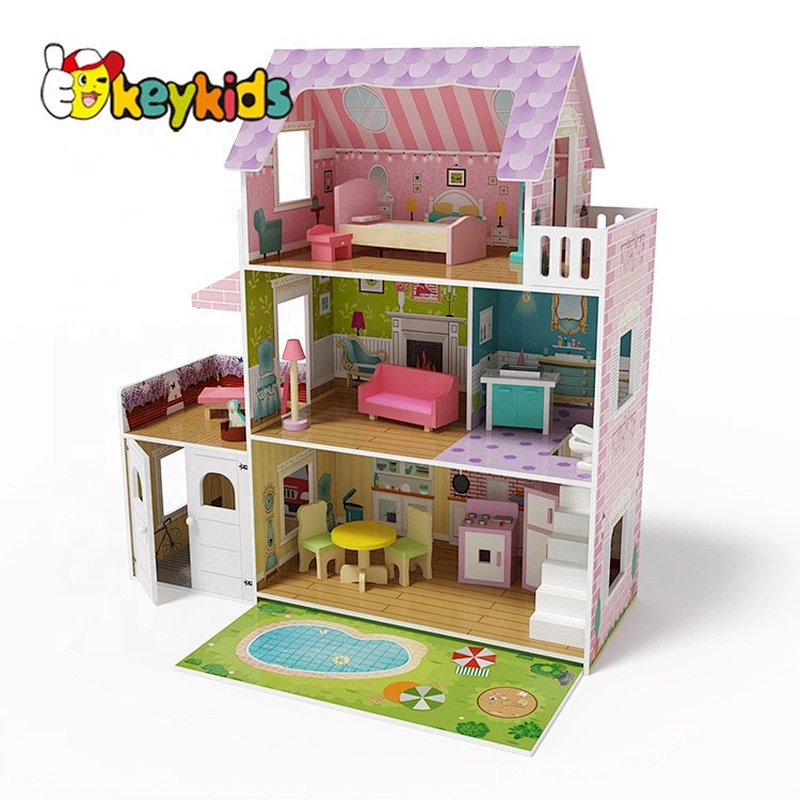 New released led wooden large dolls house with garage, garden and pool W06A381