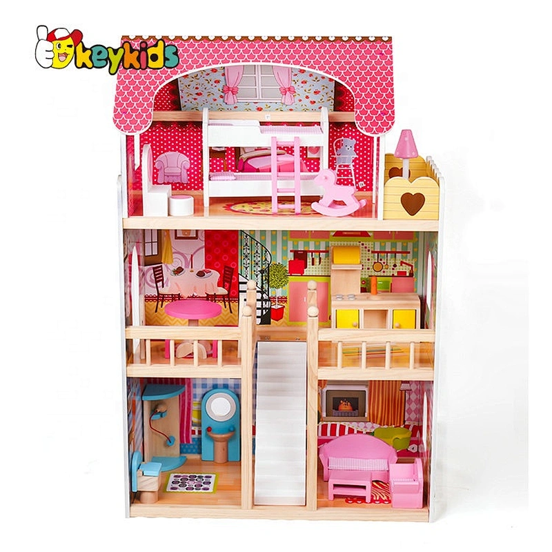 New design girls wooden pink dollhouse with furniture W06A163C