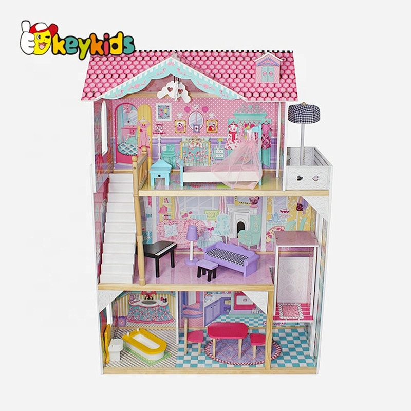 wholesale girls pretend play big wooden dollhouse toy with furniture W06A220