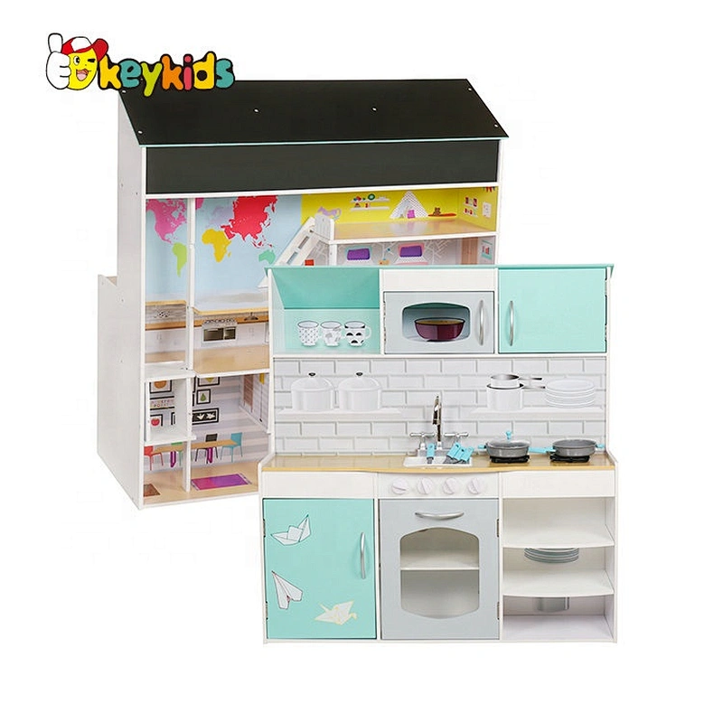 Pretend Play Dollhouse & Kitchen Wooden kids playsets With Double-Side W10C325