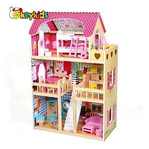 New design girls wooden pink dollhouse with furniture W06A163C