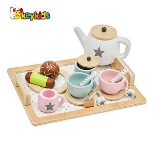 Most popular children afternoon wooden toy tea cup set with tray W10B318