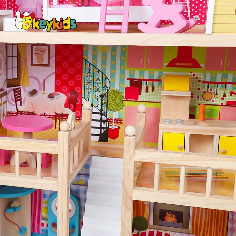 New design girls wooden pink dollhouse with furniture W06A163C