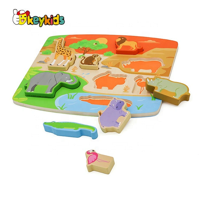 2019 New design cartoon wooden animal kingdom puzzle for children W14D091