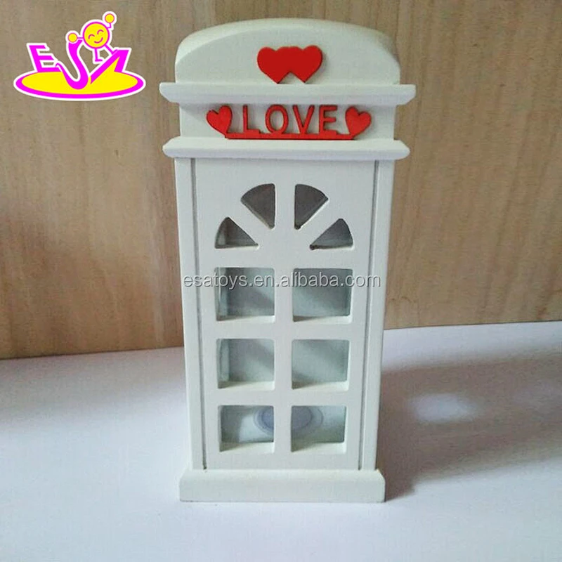 Handmade telephone booth shape wooden red piggy banks for girls W02A270
