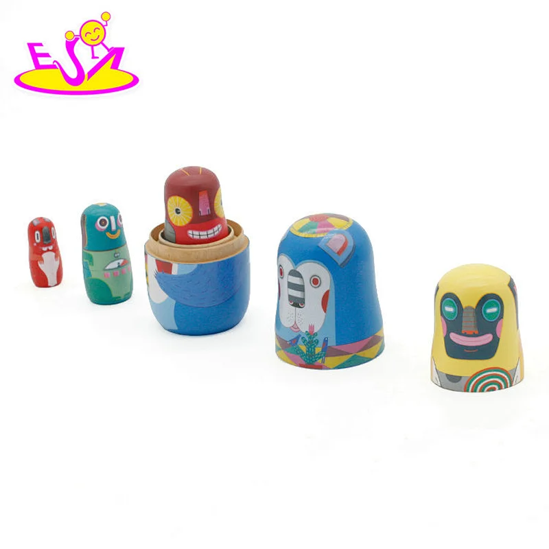 Handmade cartoon wooden Russian nesting doll set for children W06D111