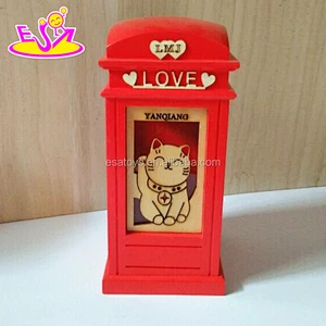 Handmade telephone booth shape wooden red piggy banks for girls W02A270