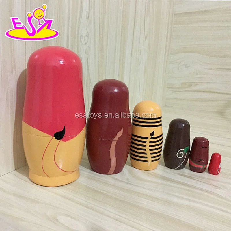 wholesale cheap 6 in 1 cartoon wooden russian nesting dolls toy for kids W06D101