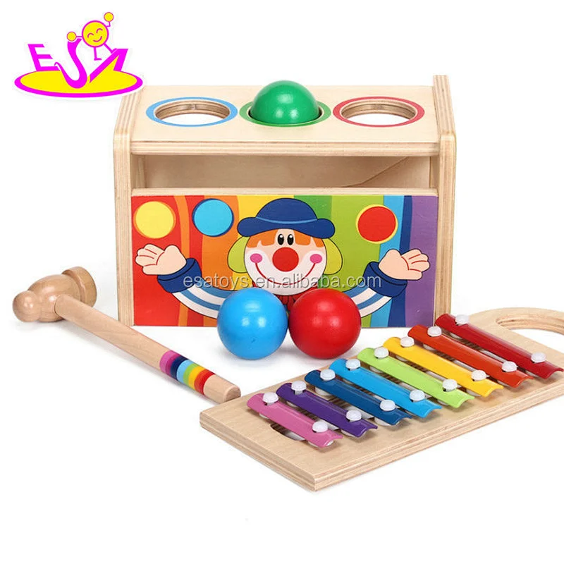 Preschool baby pounding game wooden pound and tap bench with slide out xylophone W07C071