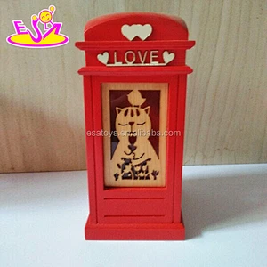Handmade telephone booth shape wooden red piggy banks for girls W02A270