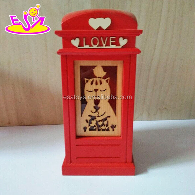 Handmade telephone booth shape wooden red piggy banks for girls W02A270