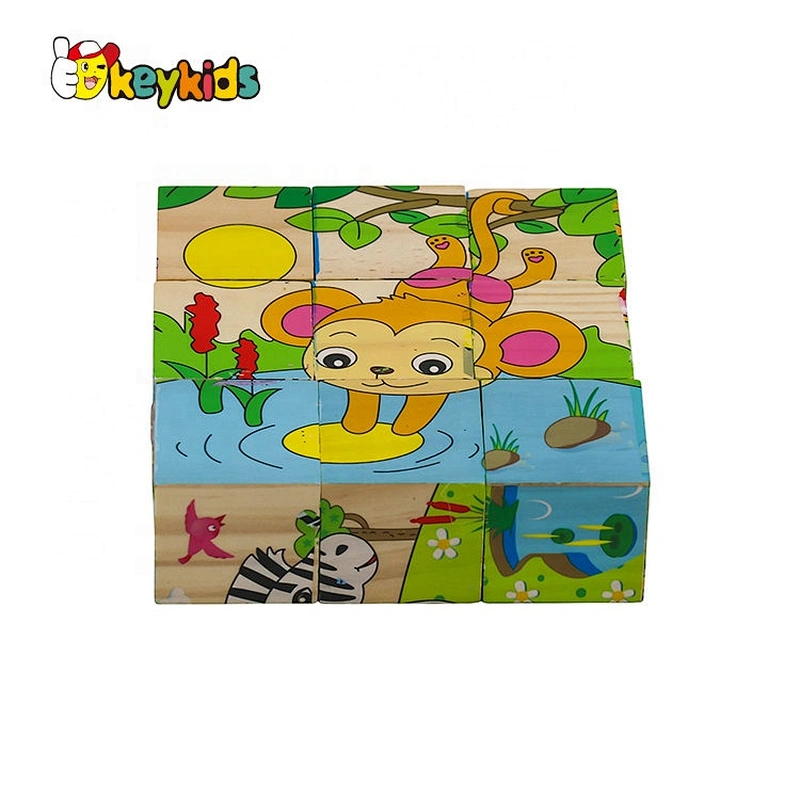 Cusomize 9 pcs 3D wooden animal cube puzzle for kids W14F068