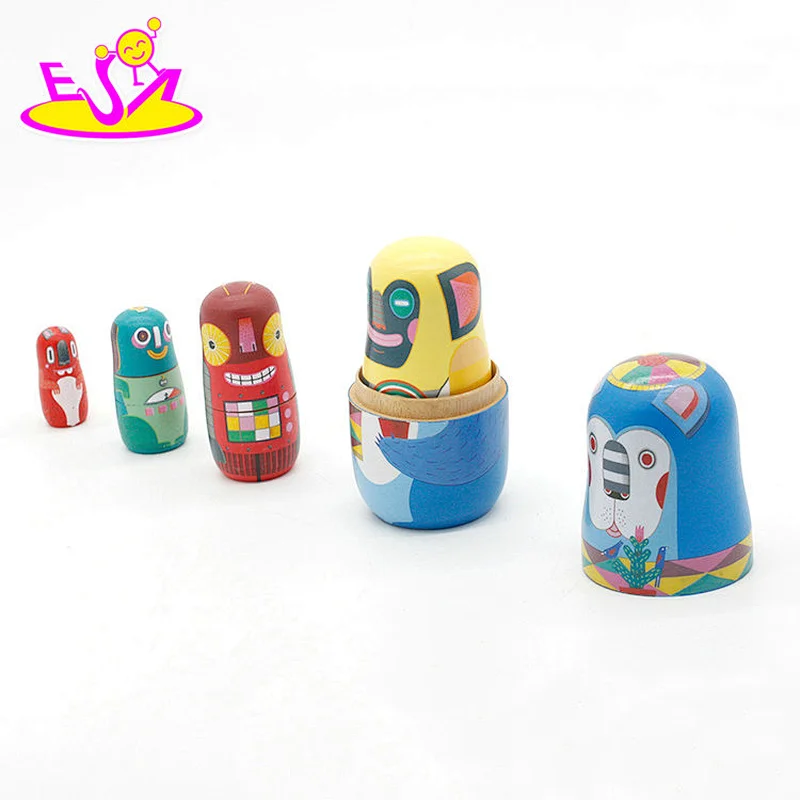 Handmade cartoon wooden Russian nesting doll set for children W06D111